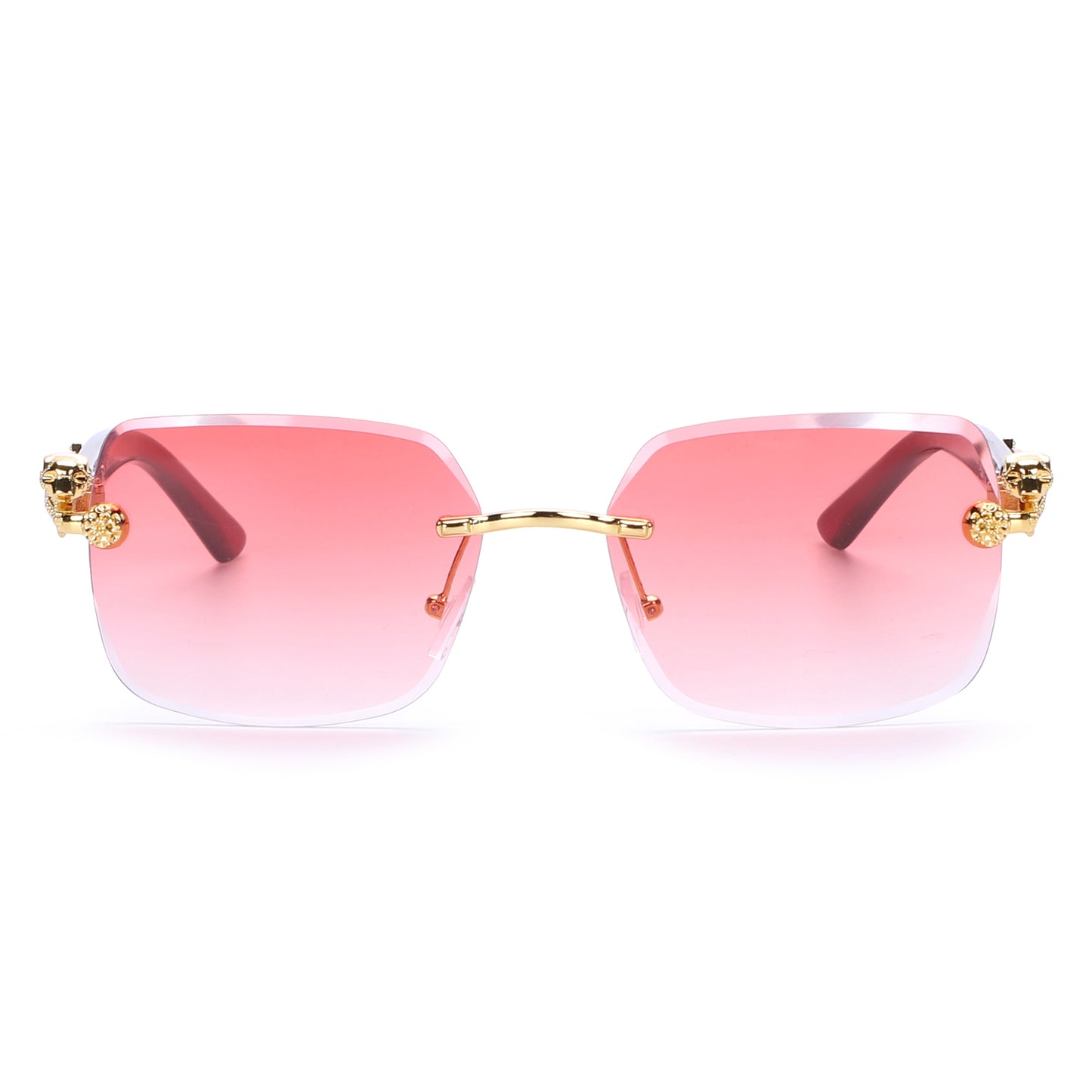 Designer-Style Rimless Glasses with Gold Leopard Side Emblem and Smooth Tapered Temples J10975
