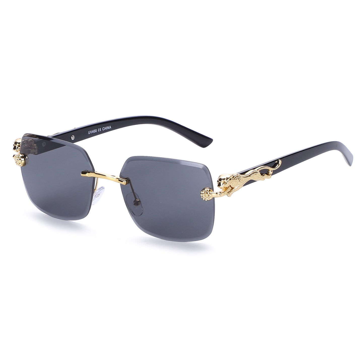 Designer-Style Rimless Glasses with Gold Leopard Side Emblem and Smooth Tapered Temples J10975