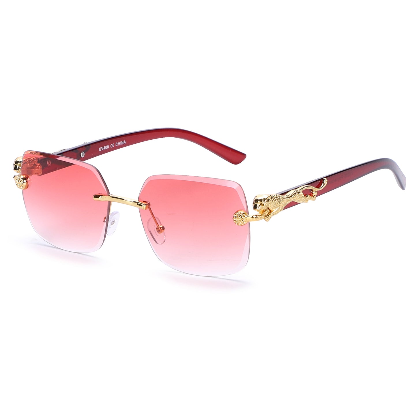 Designer-Style Rimless Glasses with Gold Leopard Side Emblem and Smooth Tapered Temples J10975