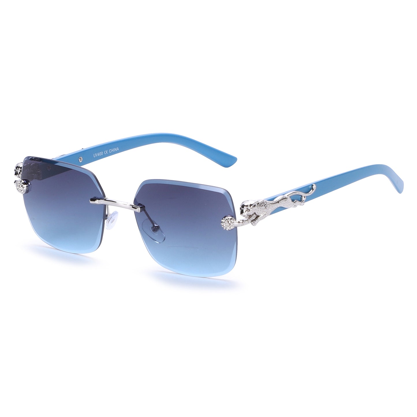Designer-Style Rimless Glasses with Gold Leopard Side Emblem and Smooth Tapered Temples J10975
