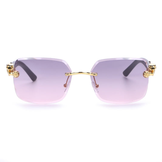 Designer-Style Rimless Glasses with Gold Leopard Side Emblem and Smooth Tapered Temples J10975