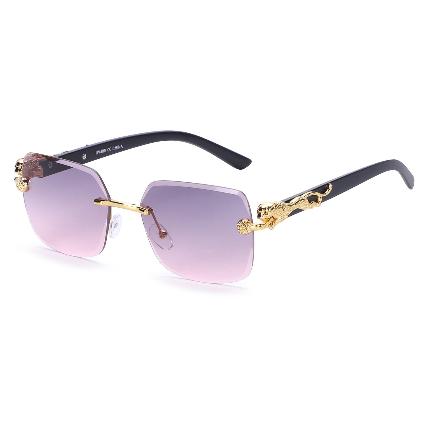 Designer-Style Rimless Glasses with Gold Leopard Side Emblem and Smooth Tapered Temples J10975