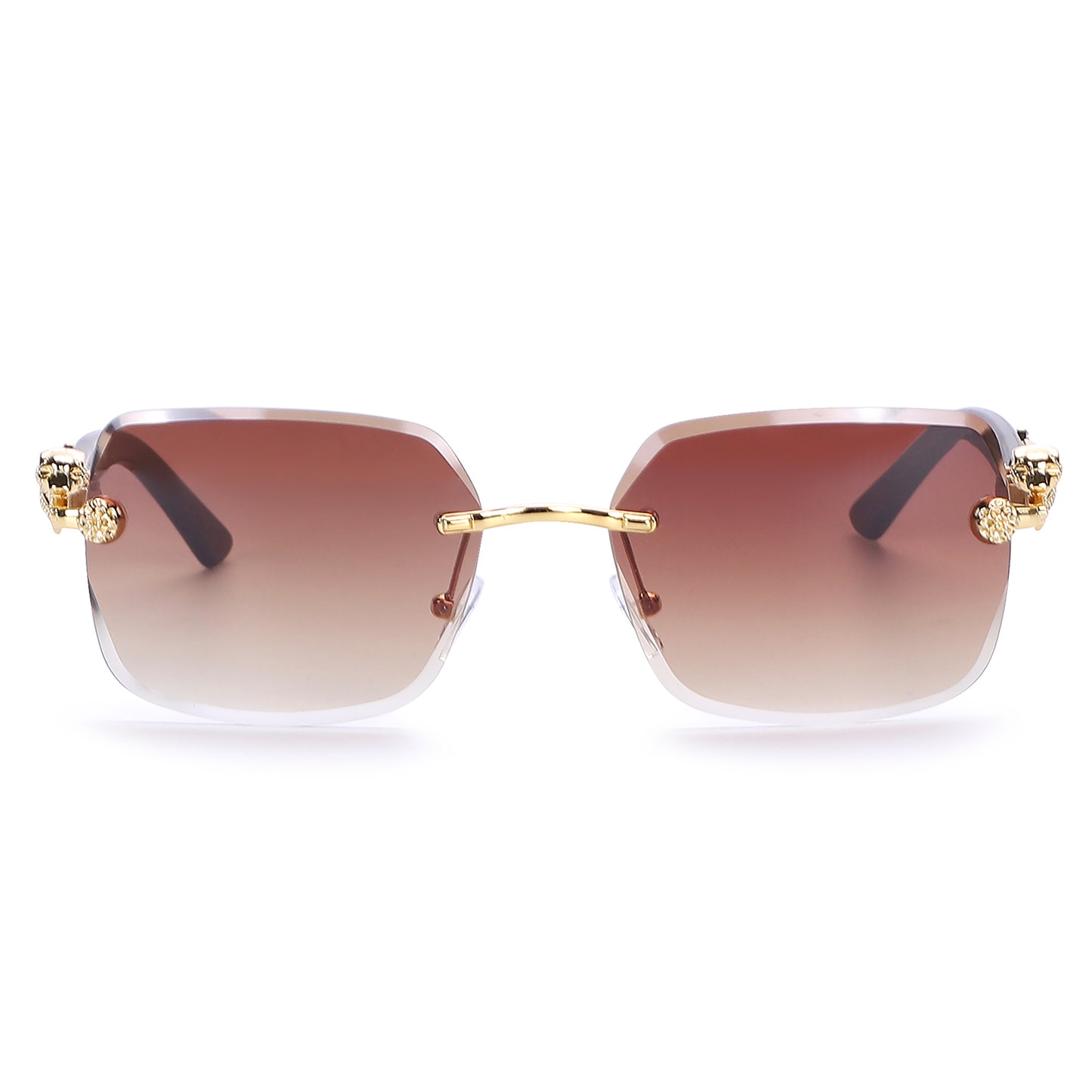 Designer-Style Rimless Glasses with Gold Leopard Side Emblem and Smooth Tapered Temples J10975