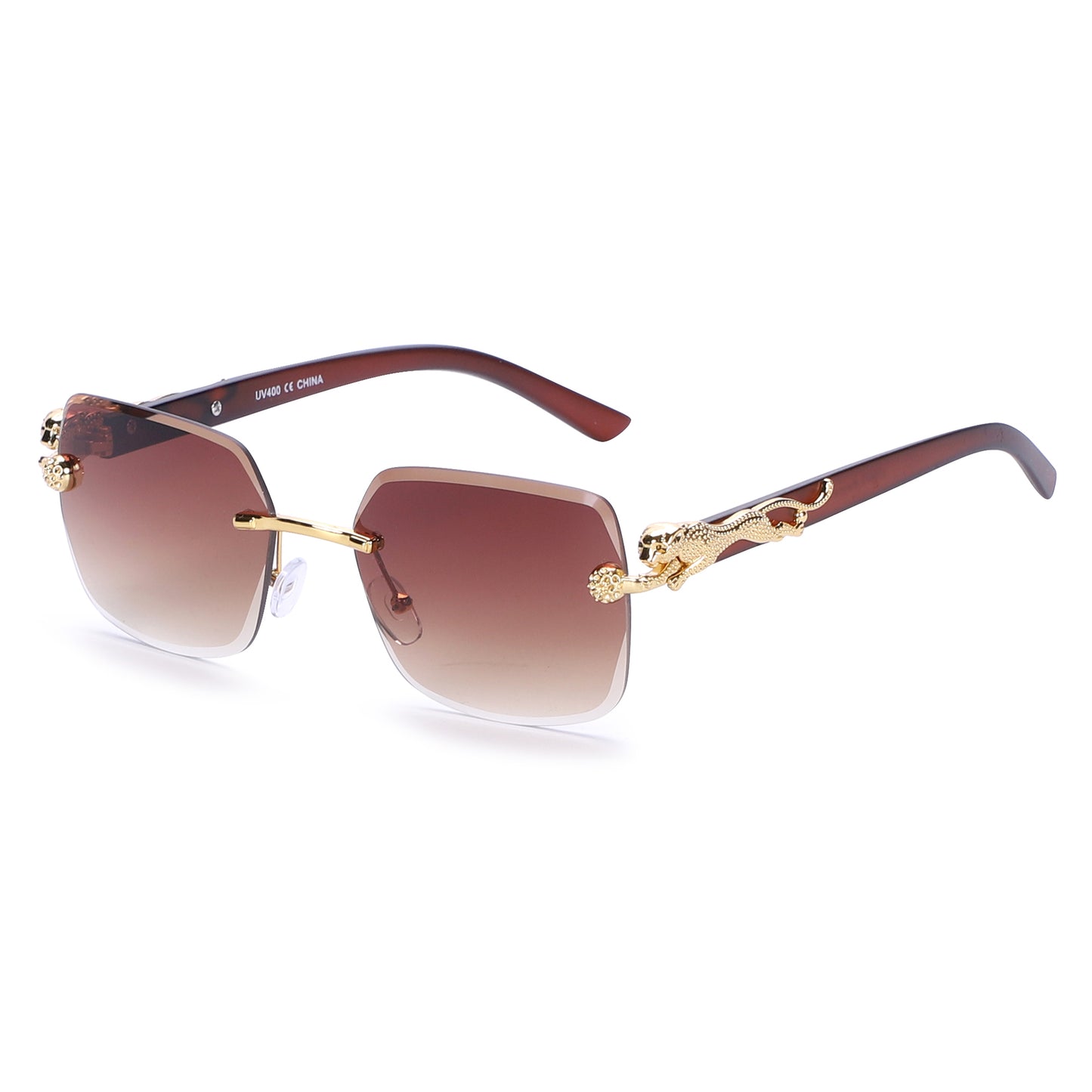 Designer-Style Rimless Glasses with Gold Leopard Side Emblem and Smooth Tapered Temples J10975