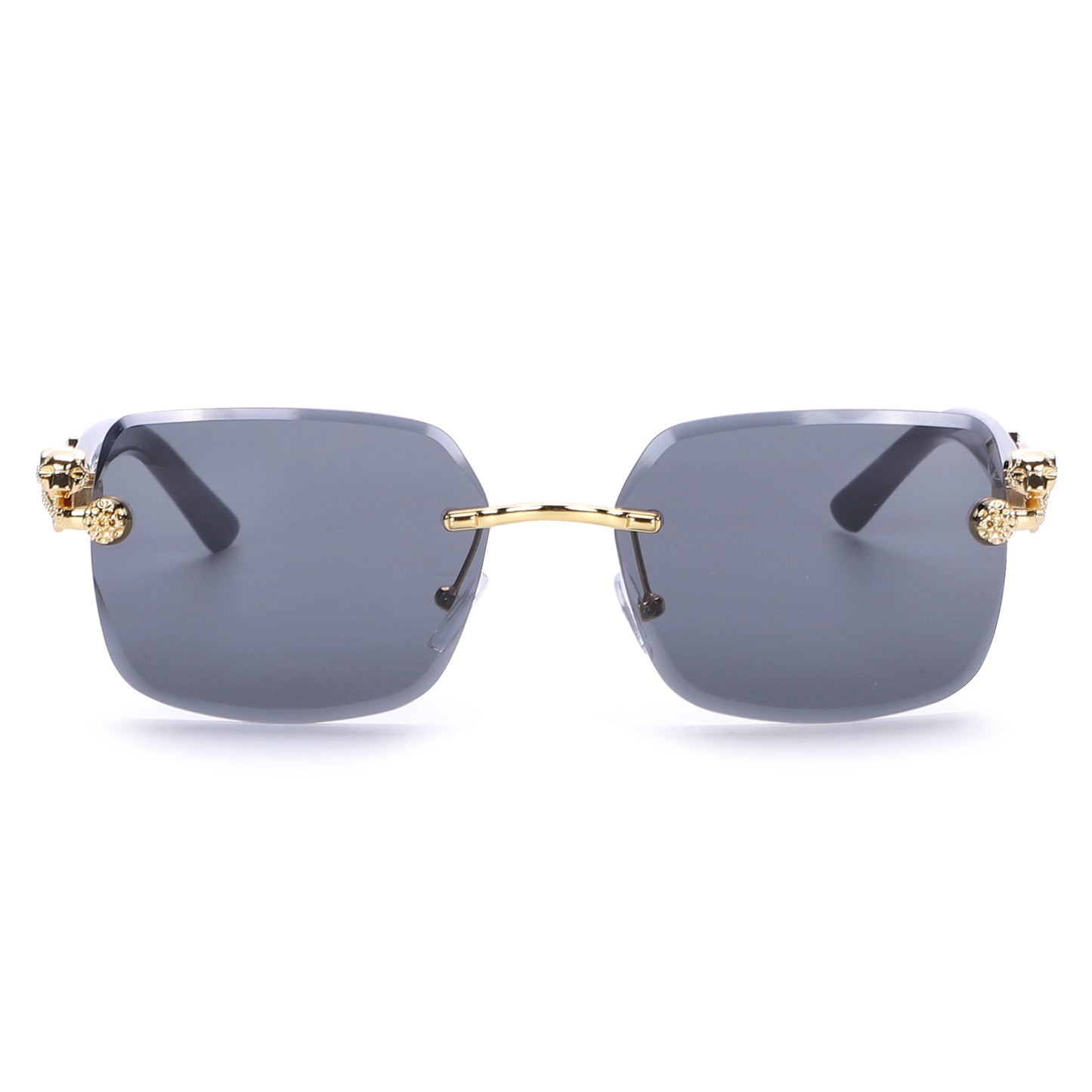 Designer-Style Rimless Glasses with Gold Leopard Side Emblem and Smooth Tapered Temples J10975