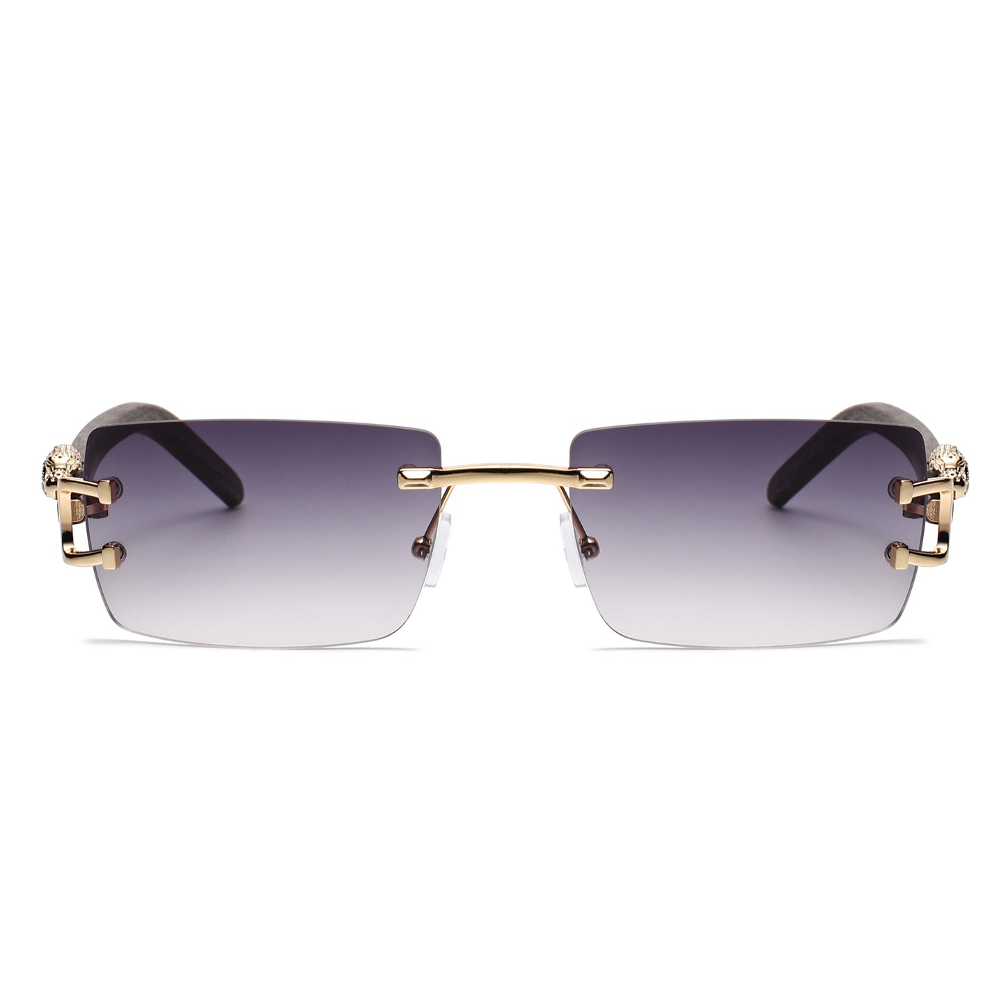Luxury Rimless Rectangle Sunglasses with Leopard Side Detail and Wood Grain Side Temples J11029