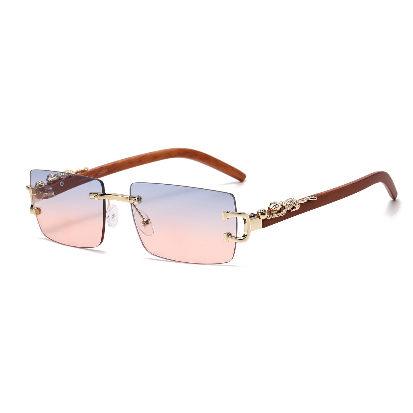 Luxury Rimless Rectangle Sunglasses with Leopard Side Detail and Wood Grain Side Temples J11029