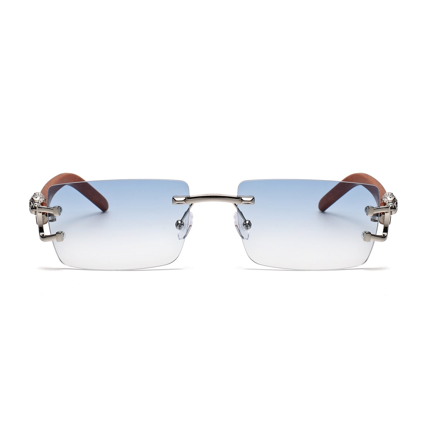 Luxury Rimless Rectangle Sunglasses with Leopard Side Detail and Wood Grain Side Temples J11029