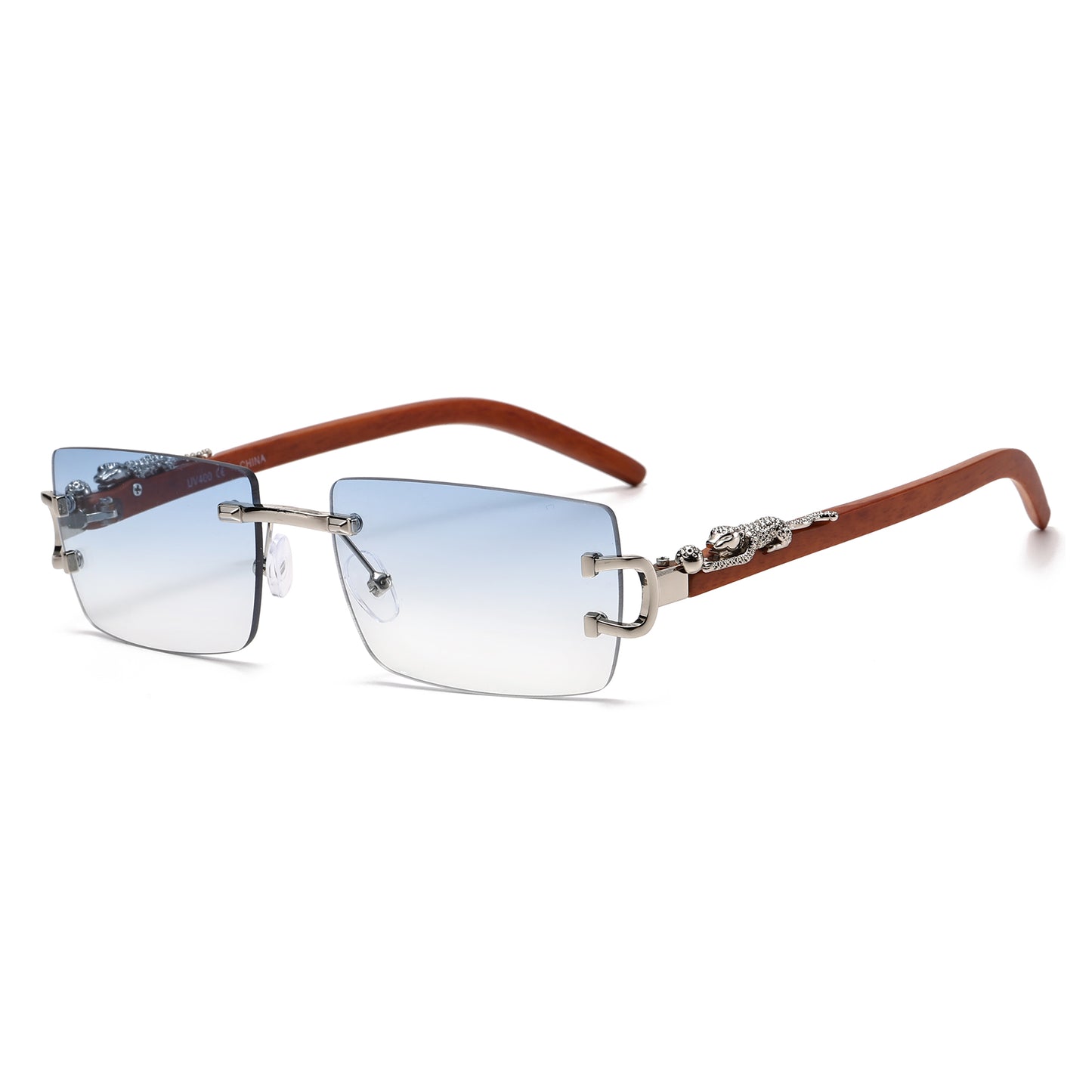 Luxury Rimless Rectangle Sunglasses with Leopard Side Detail and Wood Grain Side Temples J11029