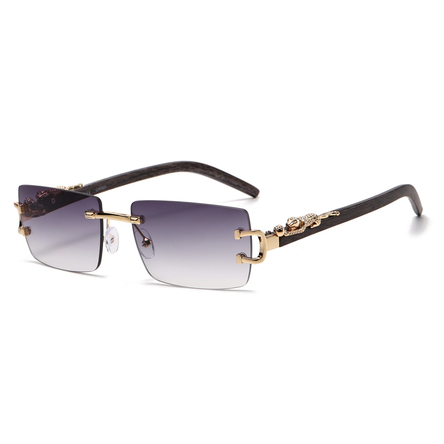 Luxury Rimless Rectangle Sunglasses with Leopard Side Detail and Wood Grain Side Temples J11029