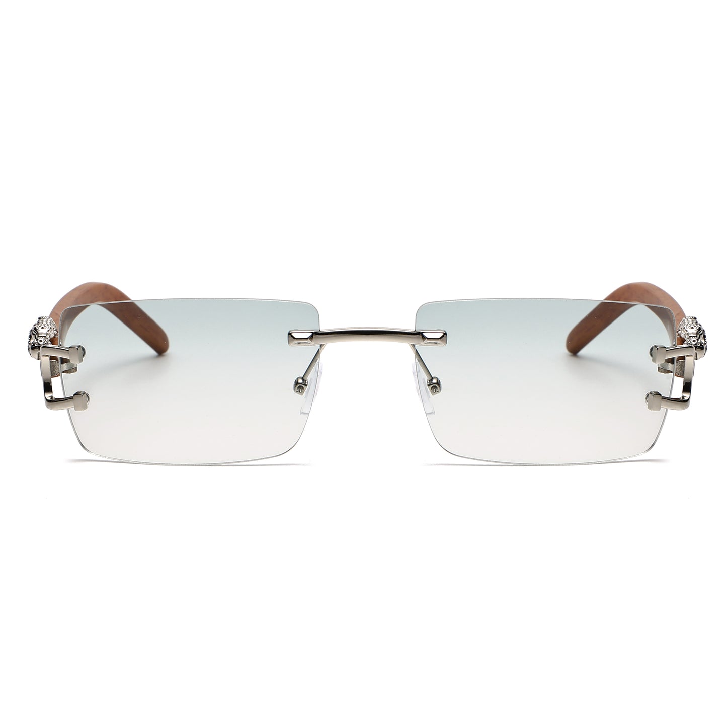 Luxury Rimless Rectangle Sunglasses with Leopard Side Detail and Wood Grain Side Temples J11029