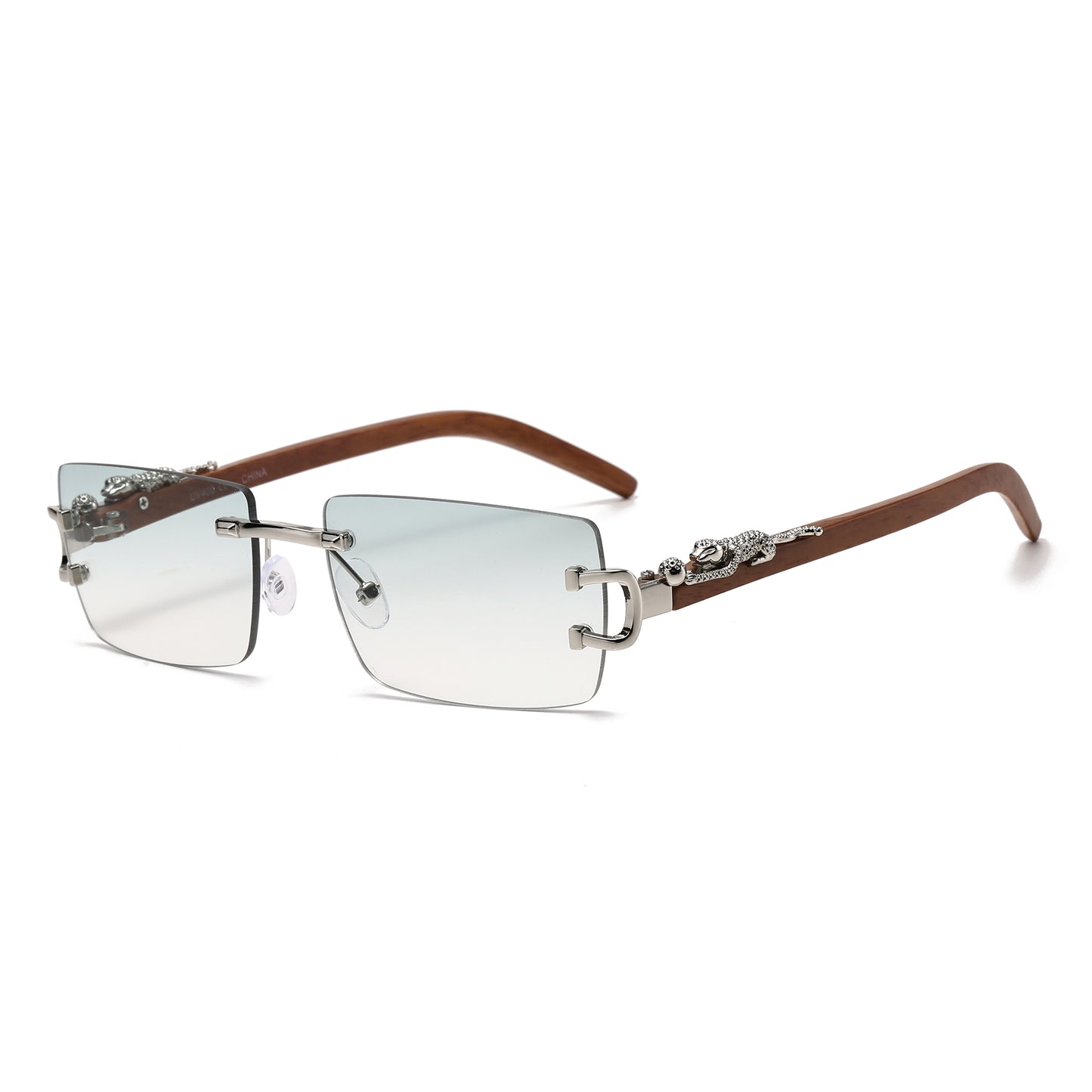 Luxury Rimless Rectangle Sunglasses with Leopard Side Detail and Wood Grain Side Temples J11029