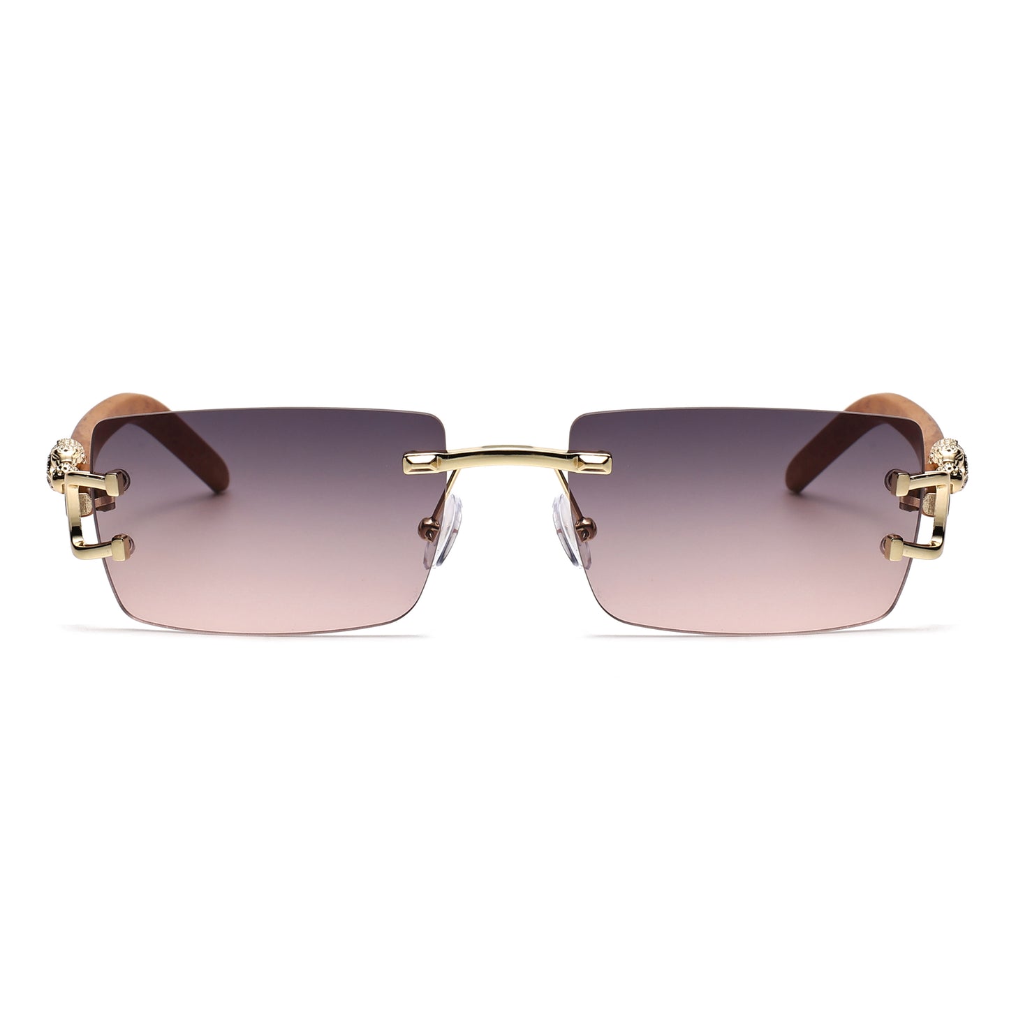 Luxury Rimless Rectangle Sunglasses with Leopard Side Detail and Wood Grain Side Temples J11029