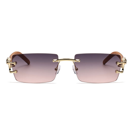 Luxury Rimless Rectangle Sunglasses with Leopard Side Detail and Wood Grain Side Temples J11029