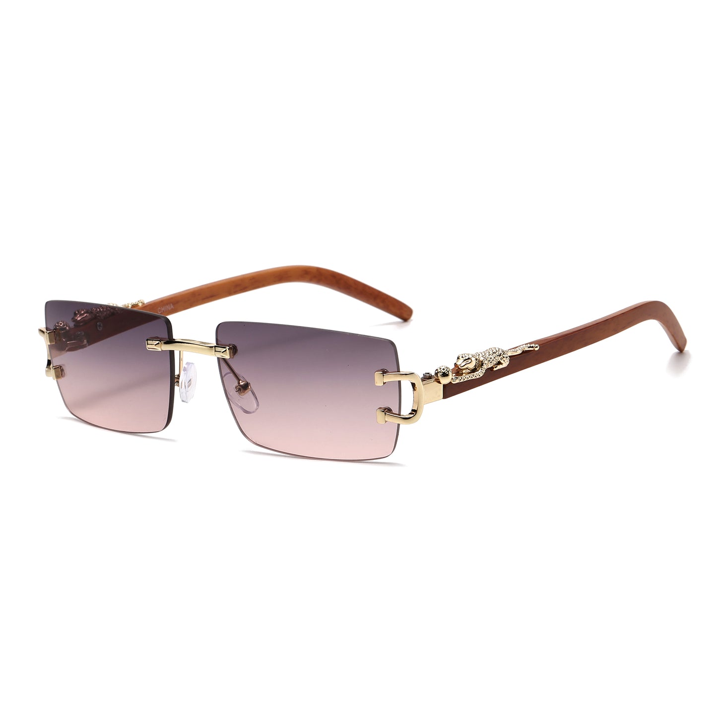 Luxury Rimless Rectangle Sunglasses with Leopard Side Detail and Wood Grain Side Temples J11029