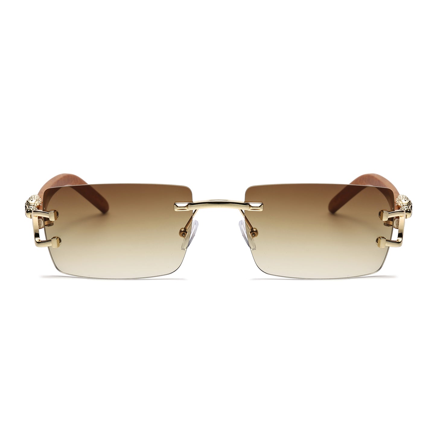 Luxury Rimless Rectangle Sunglasses with Leopard Side Detail and Wood Grain Side Temples J11029