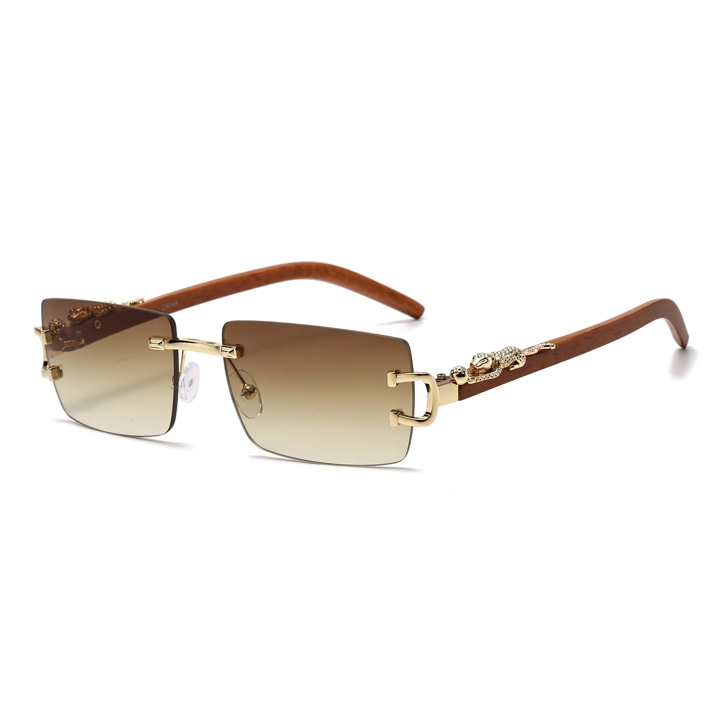 Luxury Rimless Rectangle Sunglasses with Leopard Side Detail and Wood Grain Side Temples J11029
