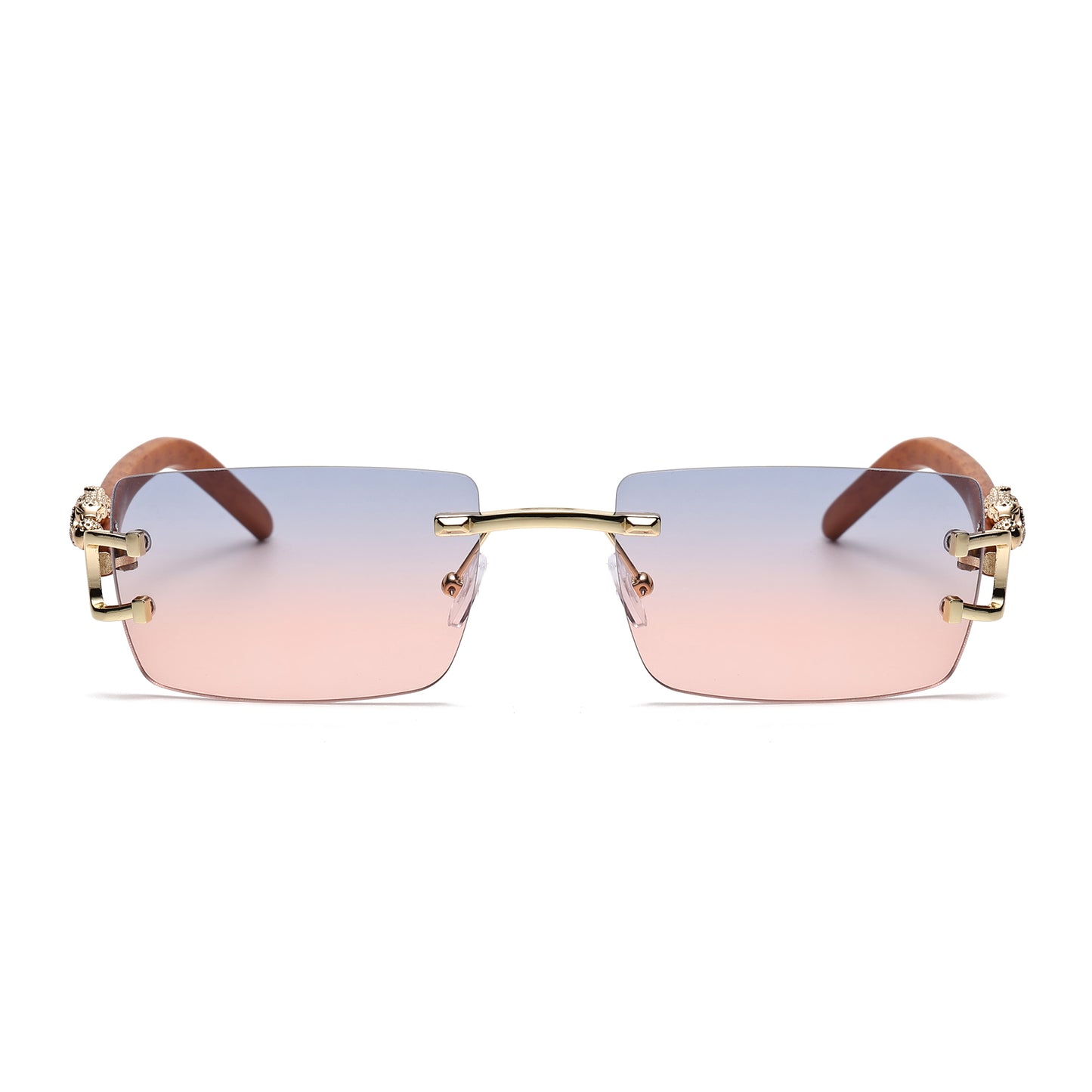 Luxury Rimless Rectangle Sunglasses with Leopard Side Detail and Wood Grain Side Temples J11029