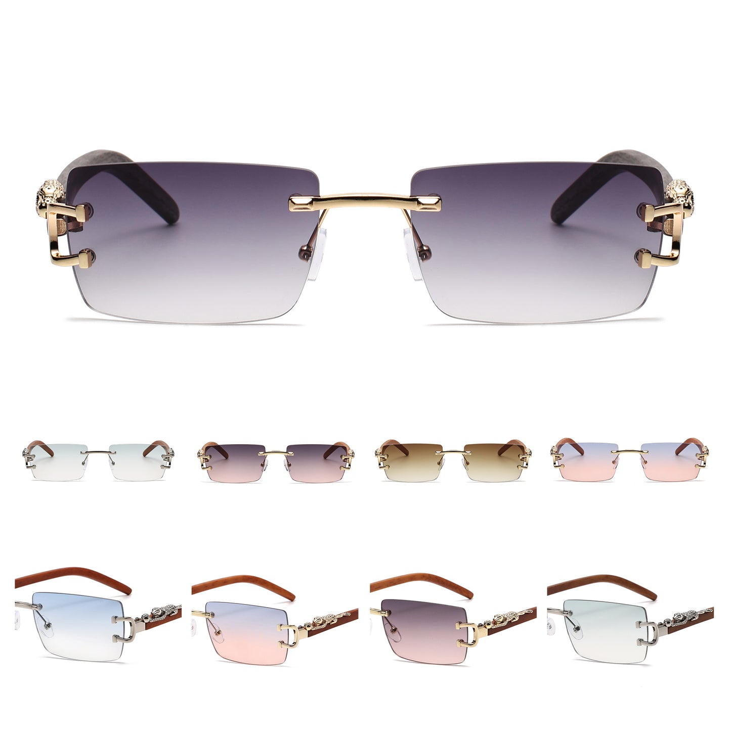 Luxury Rimless Rectangle Sunglasses with Leopard Side Detail and Wood Grain Side Temples J11029