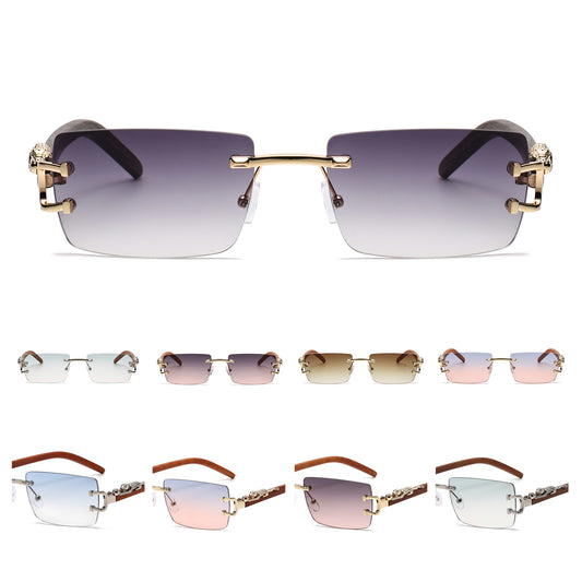 Luxury Rimless Rectangle Sunglasses with Leopard Side Detail and Wood Grain Side Temples J11029