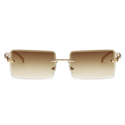 Luxury Rimless Rectangle Sunglasses with Decorative Gold Temples J11031