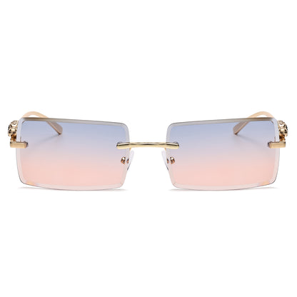 Luxury Rimless Rectangle Sunglasses with Decorative Gold Temples J11031