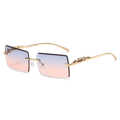 Luxury Rimless Rectangle Sunglasses with Decorative Gold Temples J11031