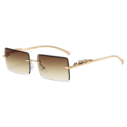 Luxury Rimless Rectangle Sunglasses with Decorative Gold Temples J11031