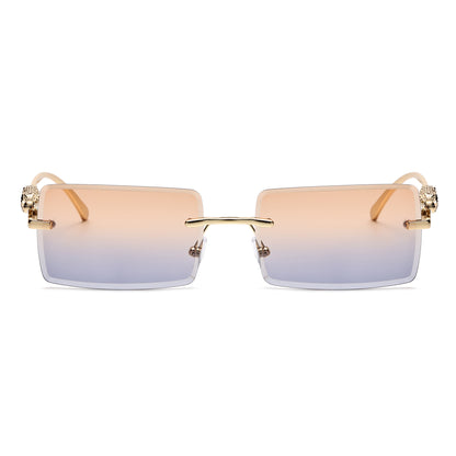 Luxury Rimless Rectangle Sunglasses with Decorative Gold Temples J11031