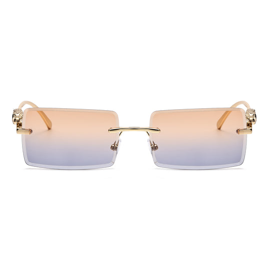 Luxury Rimless Rectangle Sunglasses with Decorative Gold Temples J11031