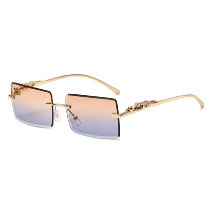 Luxury Rimless Rectangle Sunglasses with Decorative Gold Temples J11031