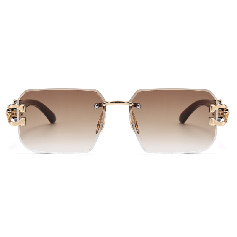 Designer Frameless Rectangle Sunglasses with Textured Cheetah Temple Accents J11113