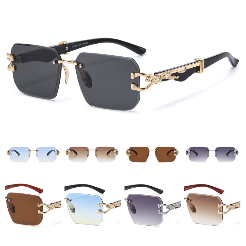 Designer Frameless Rectangle Sunglasses with Textured Cheetah Temple Accents J11113