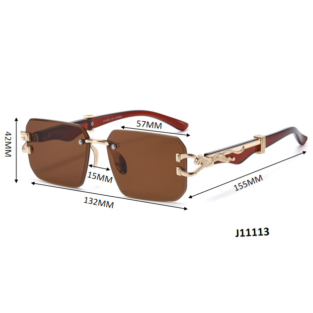 Designer Frameless Rectangle Sunglasses with Textured Cheetah Temple Accents J11113