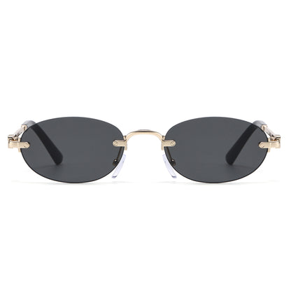 Narrow Rimless Oval Gradient Sunglasses with Gold Temples J11120