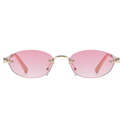 Narrow Rimless Oval Gradient Sunglasses with Gold Temples J11120