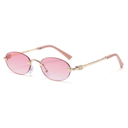 Narrow Rimless Oval Gradient Sunglasses with Gold Temples J11120