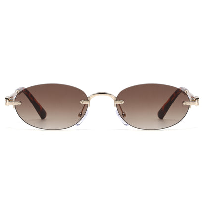 Narrow Rimless Oval Gradient Sunglasses with Gold Temples J11120