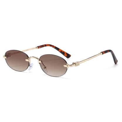 Narrow Rimless Oval Gradient Sunglasses with Gold Temples J11120