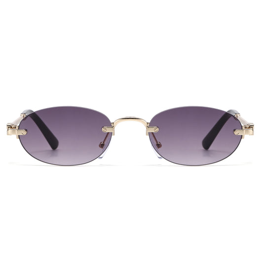 Narrow Rimless Oval Gradient Sunglasses with Gold Temples J11120