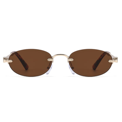 Narrow Rimless Oval Gradient Sunglasses with Gold Temples J11120
