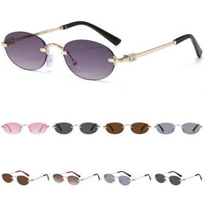 Narrow Rimless Oval Gradient Sunglasses with Gold Temples J11120