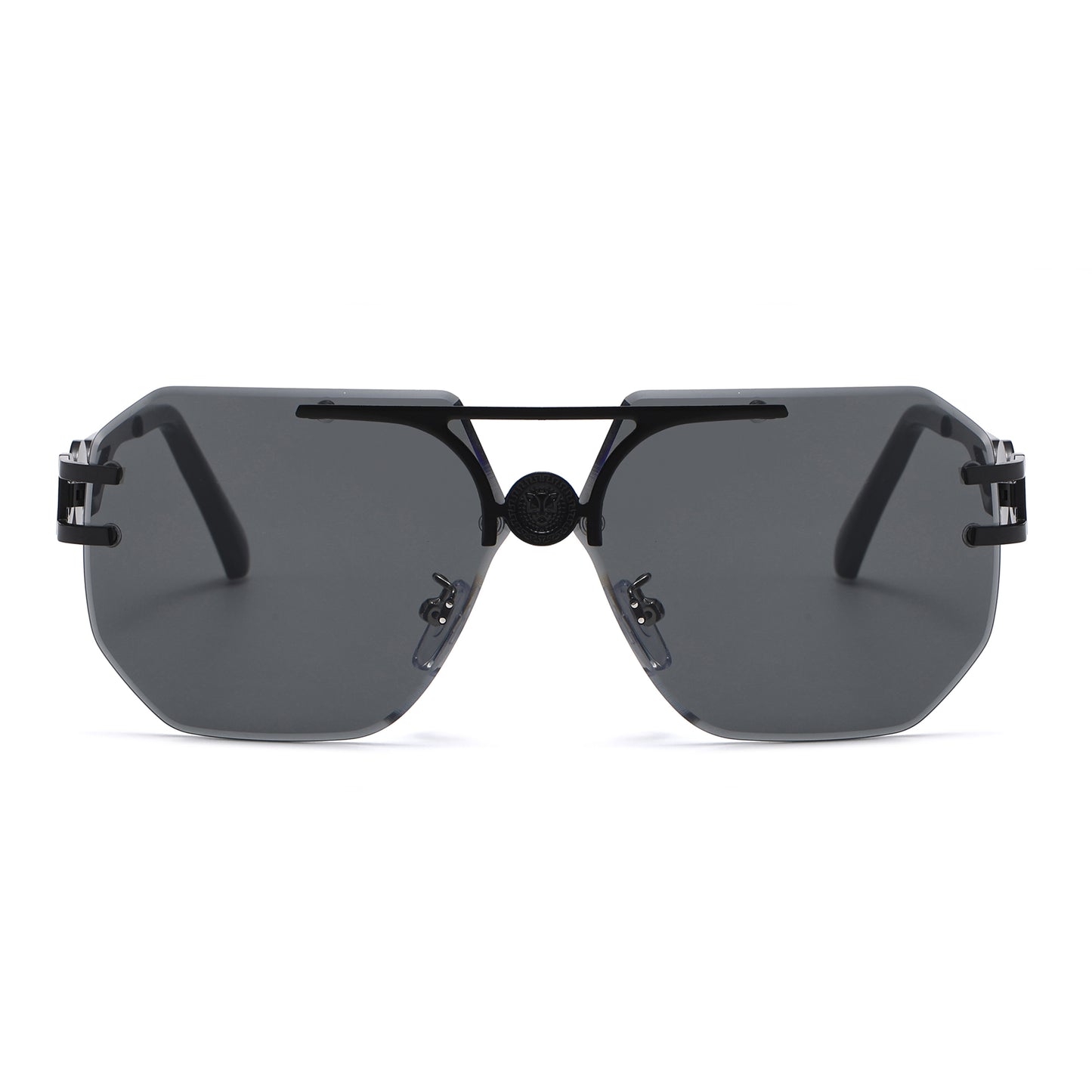 Rimless Flat Top Aviator Sunglasses with Medallion Temples J11121