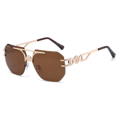 Rimless Flat Top Aviator Sunglasses with Medallion Temples J11121