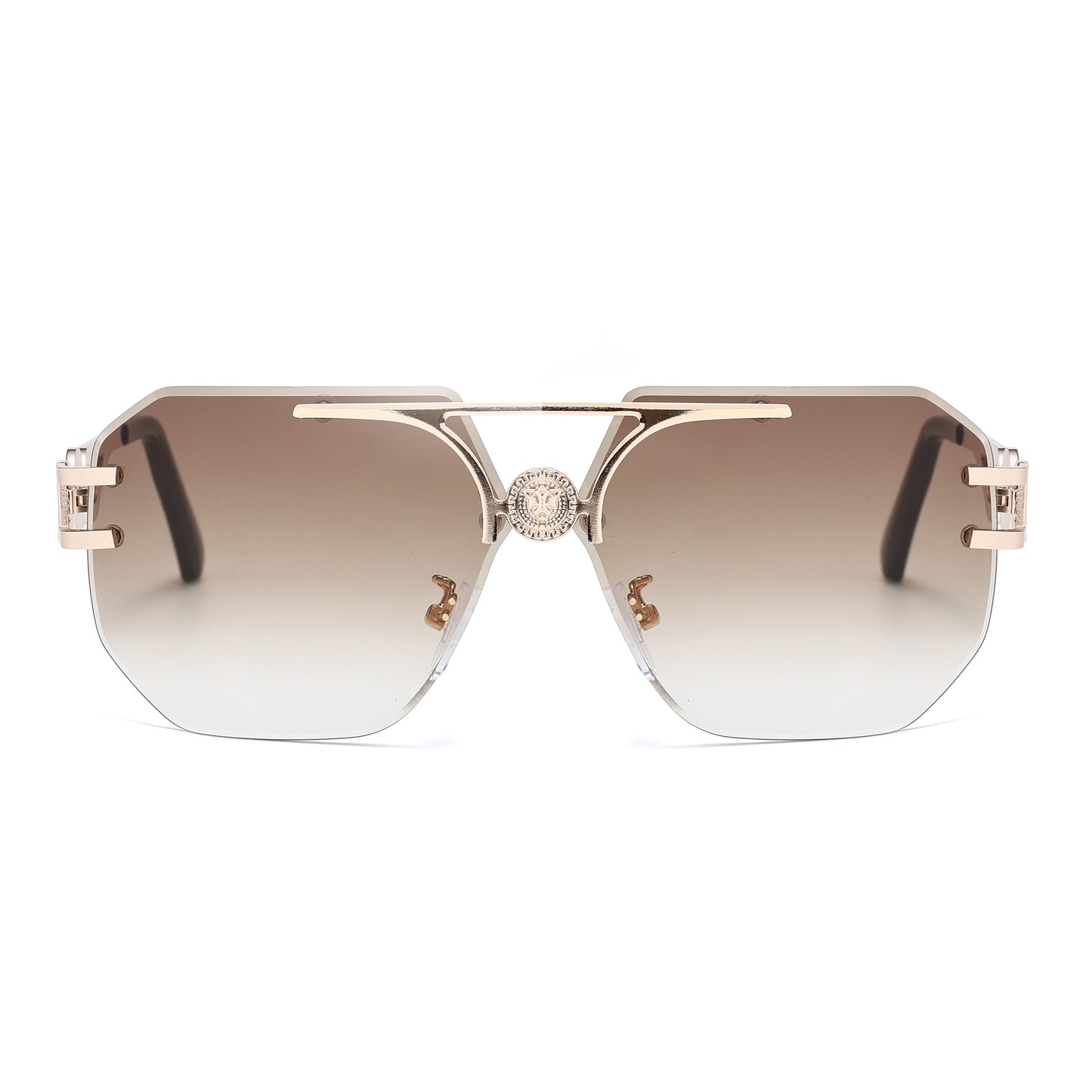 Rimless Flat Top Aviator Sunglasses with Medallion Temples J11121