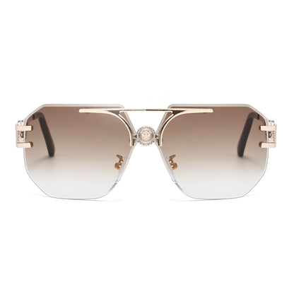 Rimless Flat Top Aviator Sunglasses with Medallion Temples J11121