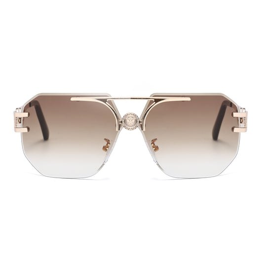 Rimless Flat Top Aviator Sunglasses with Medallion Temples J11121