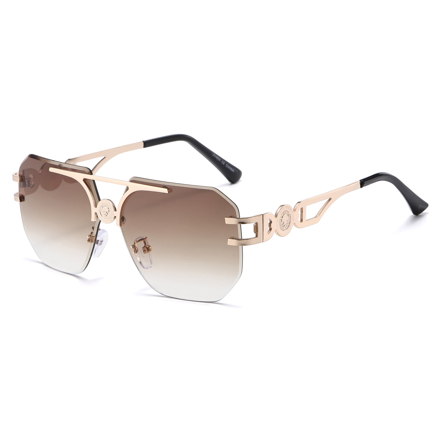 Rimless Flat Top Aviator Sunglasses with Medallion Temples J11121