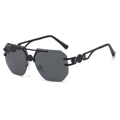 Rimless Flat Top Aviator Sunglasses with Medallion Temples J11121