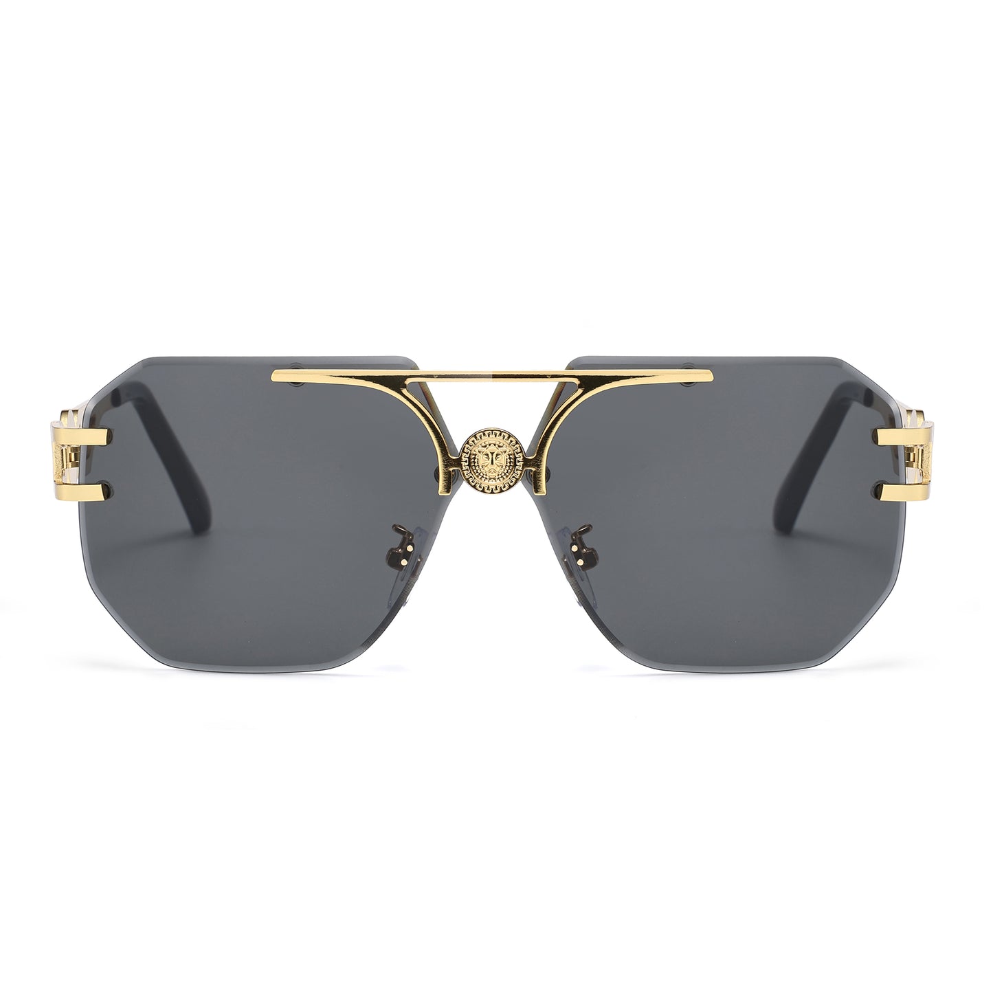 Rimless Flat Top Aviator Sunglasses with Medallion Temples J11121